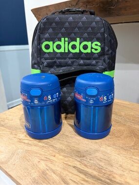 adidas Black & Neon Green Lunch Bag with Blue Thermos Jars